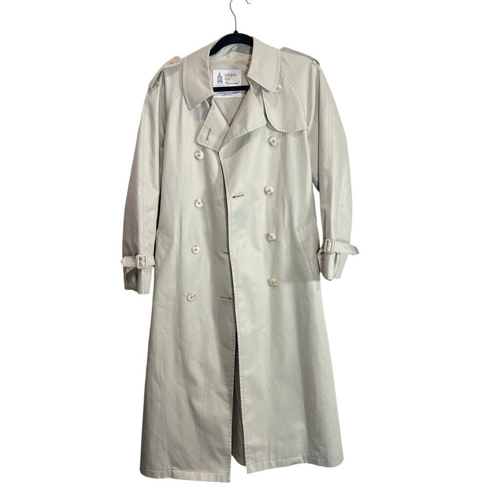 VTG London Fog Maincoats Double Breasted Trench Coat Size 8R Belt Made in USA